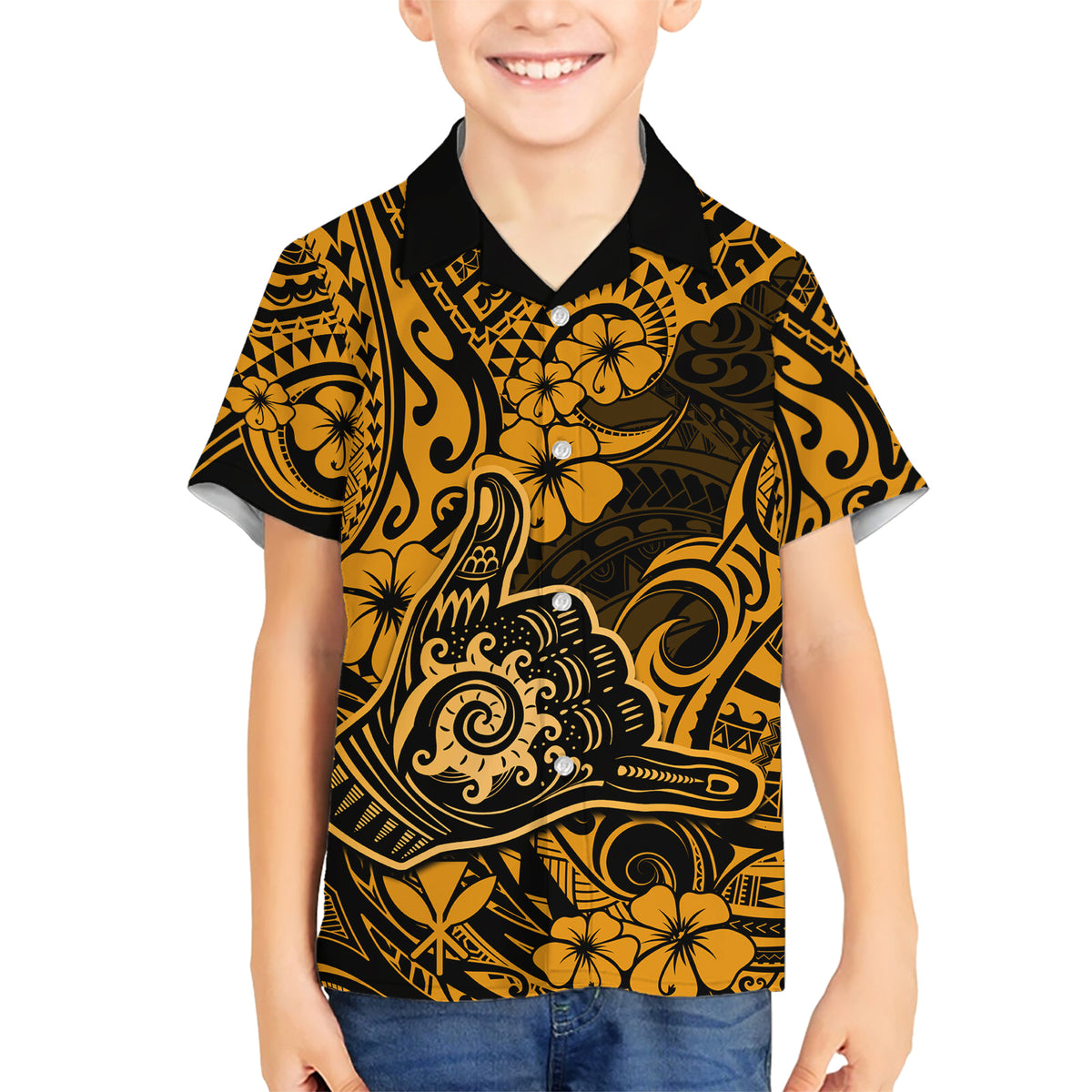 Hawaii Shaka Sign Family Matching Short Sleeve Bodycon Dress and Hawaiian Shirt With Polynesian Hibiscus Gold Unique LT01 Son's Shirt Gold - Polynesian Pride
