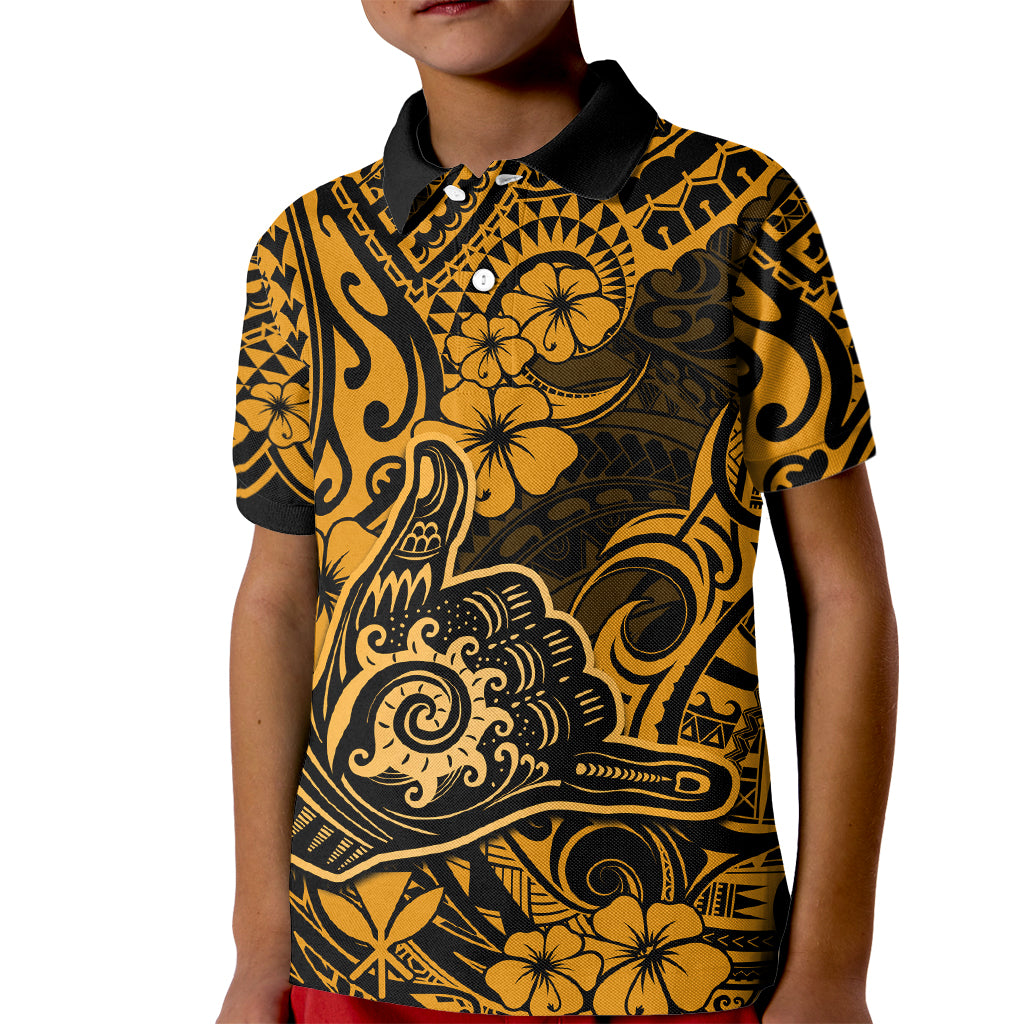 Hawaii Shaka Sign Kid Polo Shirt With Polynesian Hibiscus Gold Unique LT01 Kid Gold - Polynesian Pride