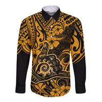 Hawaii Shaka Sign Long Sleeve Button Shirt With Polynesian Hibiscus Gold Unique LT01 Unisex Gold - Polynesian Pride