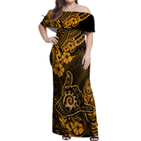 Hawaii Shaka Sign Off Shoulder Maxi Dress With Polynesian Hibiscus Gold Unique LT01 Women Gold - Polynesian Pride