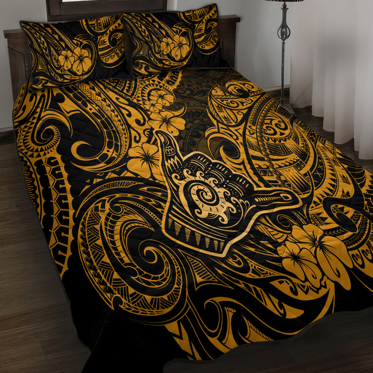 Hawaii Shaka Sign Quilt Bed Set With Polynesian Hibiscus Gold Unique LT01 - Polynesian Pride