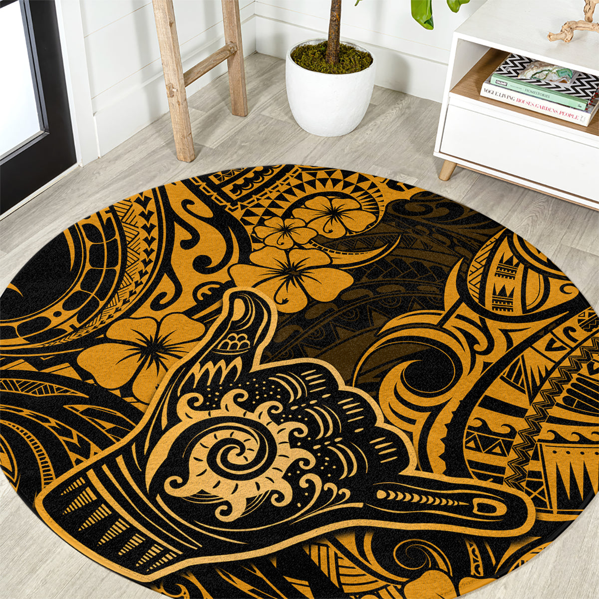 Hawaii Shaka Sign Round Carpet With Polynesian Hibiscus Gold Unique LT01 Gold - Polynesian Pride