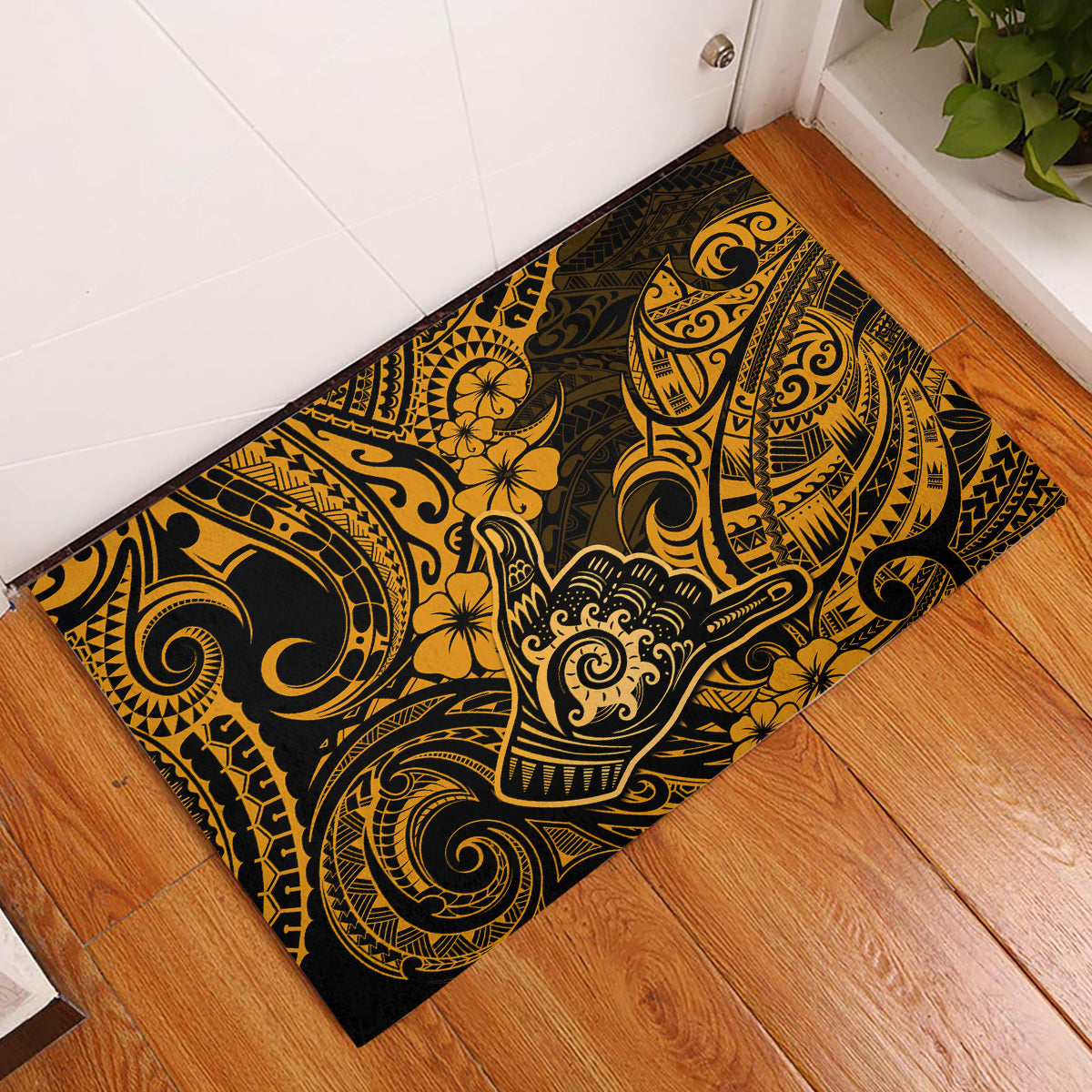 Hawaii Shaka Sign Rubber Doormat With Polynesian Hibiscus Gold Unique LT01 Gold - Polynesian Pride