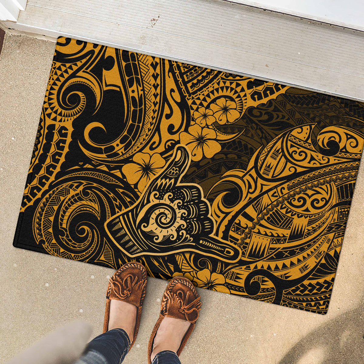 Hawaii Shaka Sign Rubber Doormat With Polynesian Hibiscus Gold Unique LT01 - Polynesian Pride