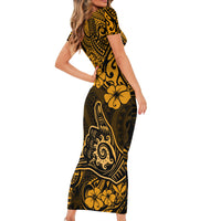 Hawaii Shaka Sign Short Sleeve Bodycon Dress With Polynesian Hibiscus Gold Unique LT01 - Polynesian Pride