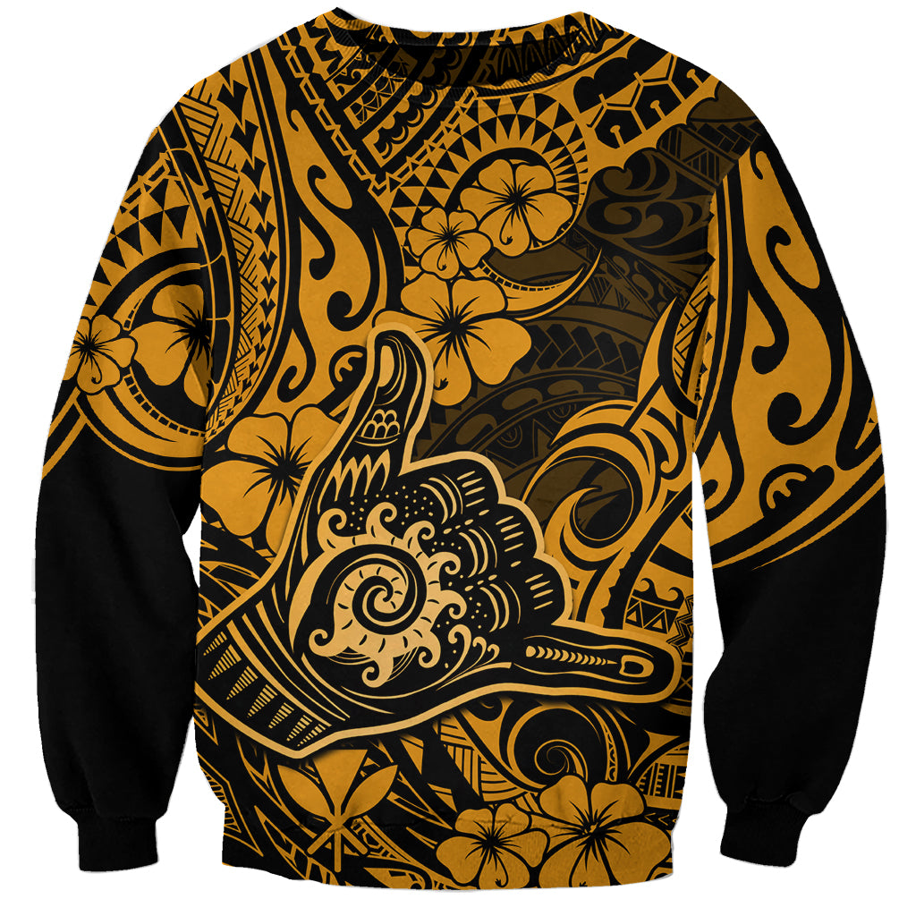 Hawaii Shaka Sign Sweatshirt With Polynesian Hibiscus Gold Unique LT01 Unisex Gold - Polynesian Pride