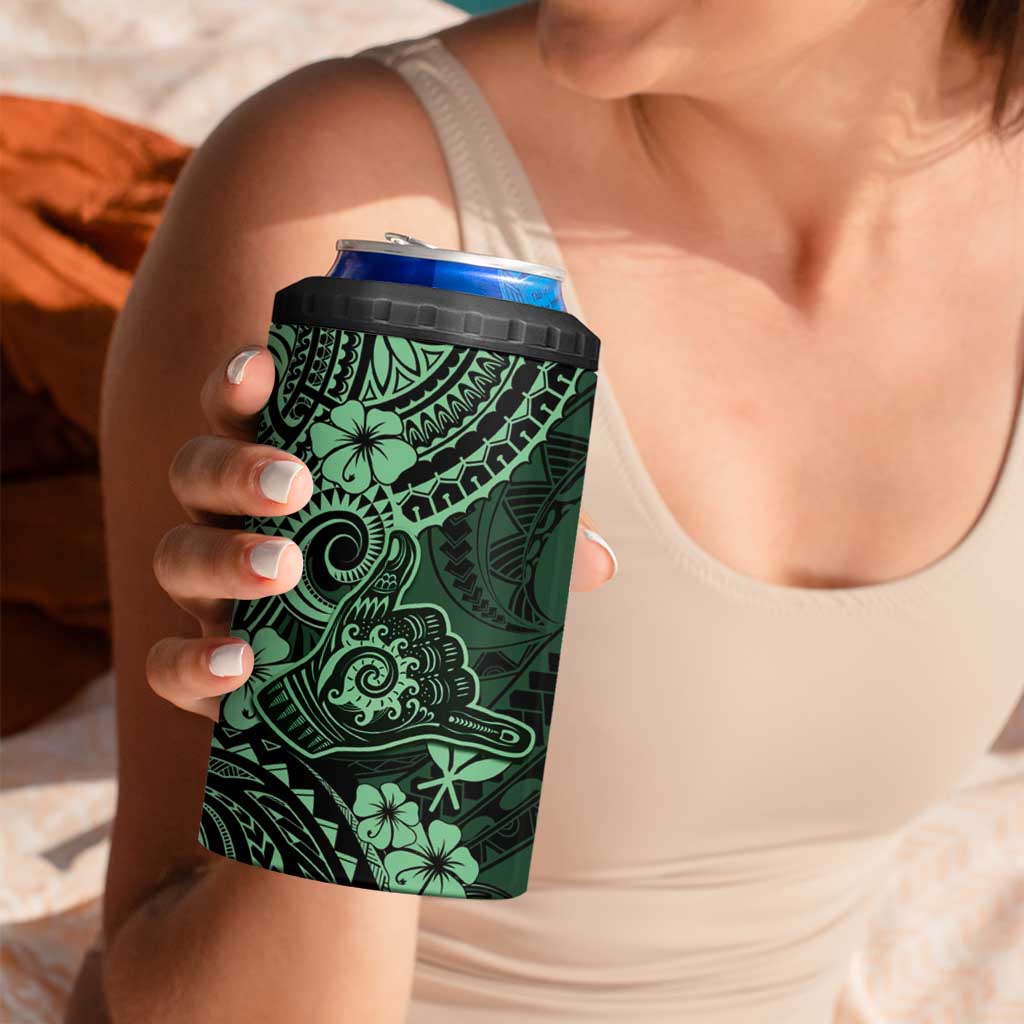 Hawaii Shaka Sign 4 in 1 Can Cooler Tumbler With Polynesian Hibiscus Green Unique