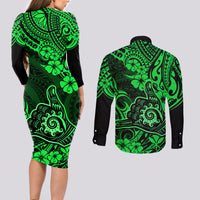 Hawaii Shaka Sign Couples Matching Long Sleeve Bodycon Dress and Long Sleeve Button Shirts With Polynesian Hibiscus Green Unique LT01 - Polynesian Pride