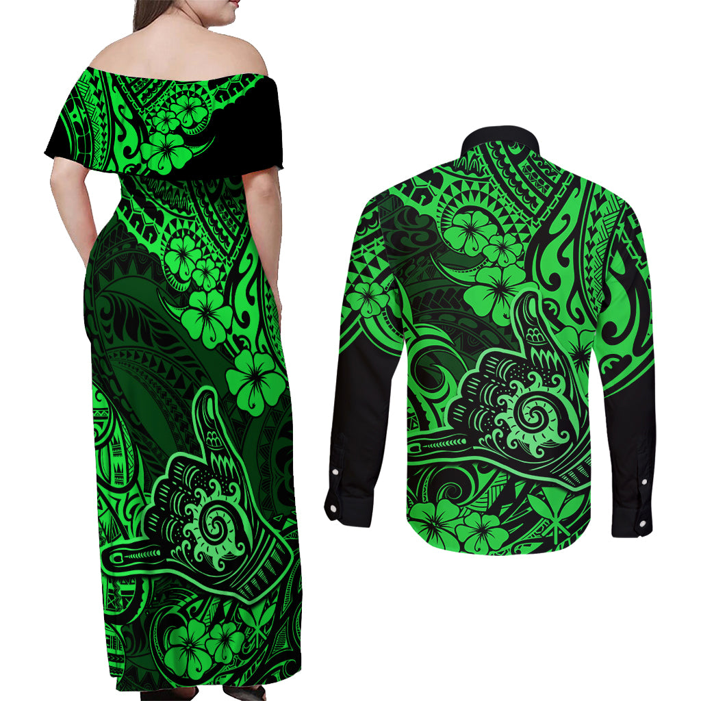 Hawaii Shaka Sign Couples Matching Off Shoulder Maxi Dress and Long Sleeve Button Shirts With Polynesian Hibiscus Green Unique LT01 - Polynesian Pride