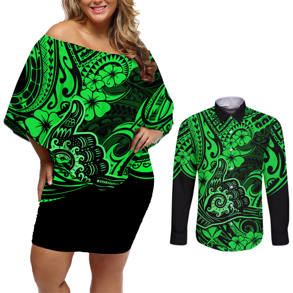 Hawaii Shaka Sign Couples Matching Off Shoulder Short Dress and Long Sleeve Button Shirts With Polynesian Hibiscus Green Unique LT01 Green - Polynesian Pride