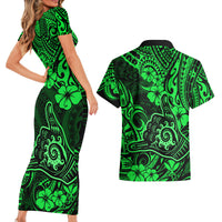 Hawaii Shaka Sign Couples Matching Short Sleeve Bodycon Dress and Hawaiian Shirt With Polynesian Hibiscus Green Unique LT01 - Polynesian Pride