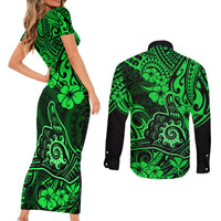 Hawaii Shaka Sign Couples Matching Short Sleeve Bodycon Dress and Long Sleeve Button Shirts With Polynesian Hibiscus Green Unique LT01 - Polynesian Pride