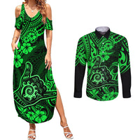 Hawaii Shaka Sign Couples Matching Summer Maxi Dress and Long Sleeve Button Shirts With Polynesian Hibiscus Green Unique LT01 Green - Polynesian Pride