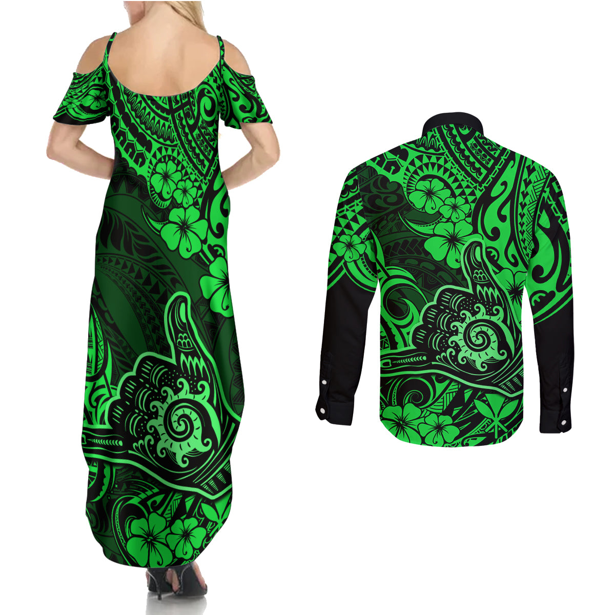Hawaii Shaka Sign Couples Matching Summer Maxi Dress and Long Sleeve Button Shirts With Polynesian Hibiscus Green Unique LT01 - Polynesian Pride