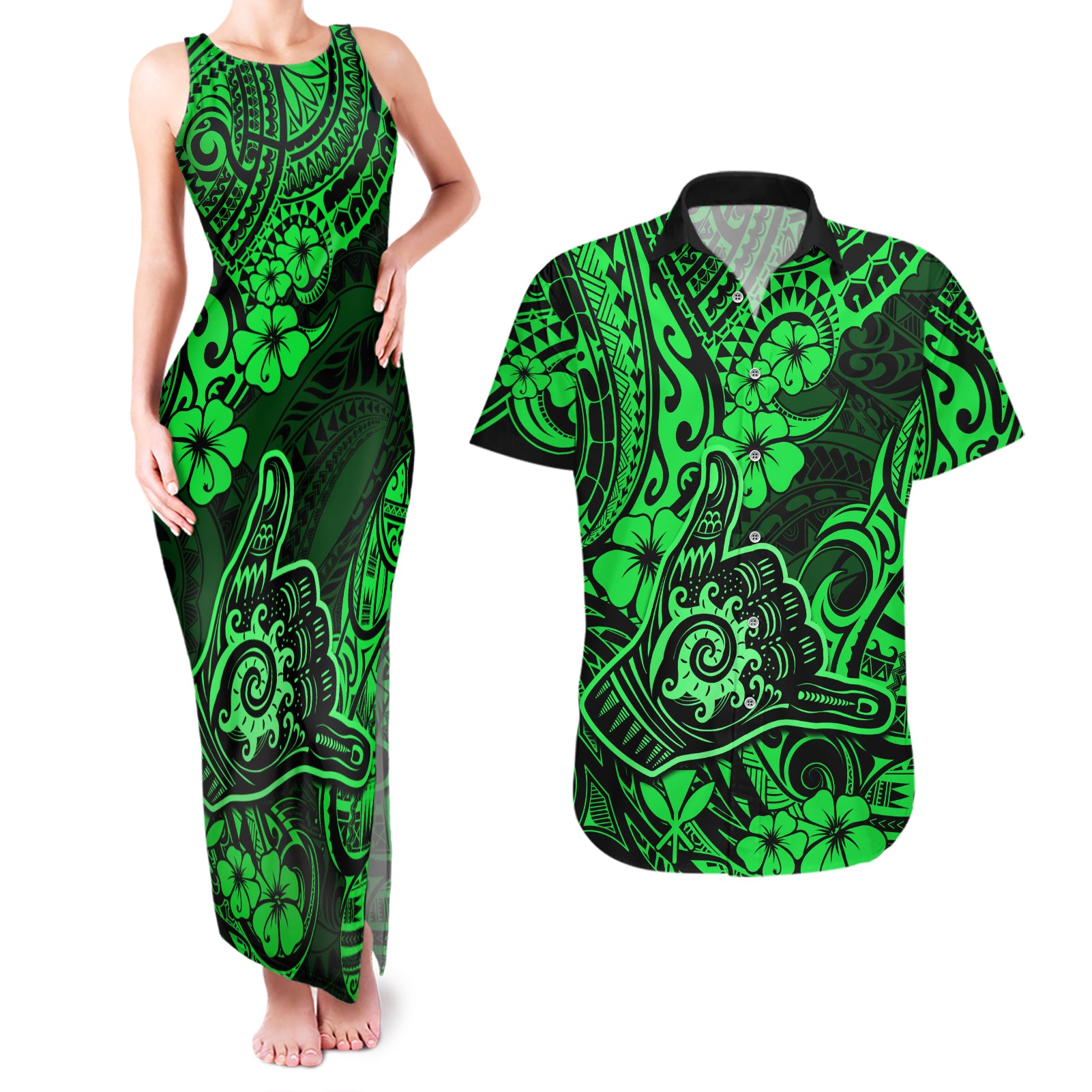Hawaii Shaka Sign Couples Matching Tank Maxi Dress and Hawaiian Shirt With Polynesian Hibiscus Green Unique LT01 Green - Polynesian Pride
