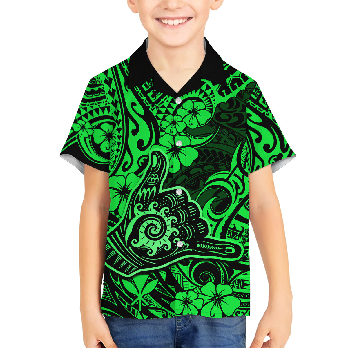 Hawaii Shaka Sign Family Matching Long Sleeve Bodycon Dress and Hawaiian Shirt With Polynesian Hibiscus Green Unique LT01 Son's Shirt Green - Polynesian Pride