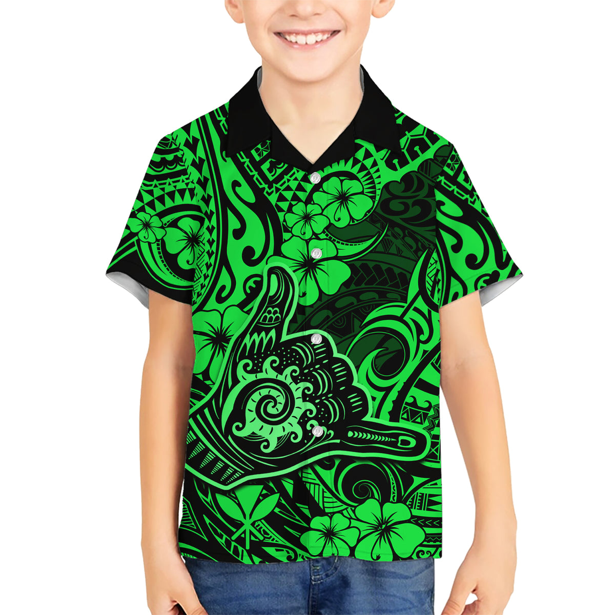 Hawaii Shaka Sign Kid Hawaiian Shirt With Polynesian Hibiscus Green Unique LT01 Kid Green - Polynesian Pride