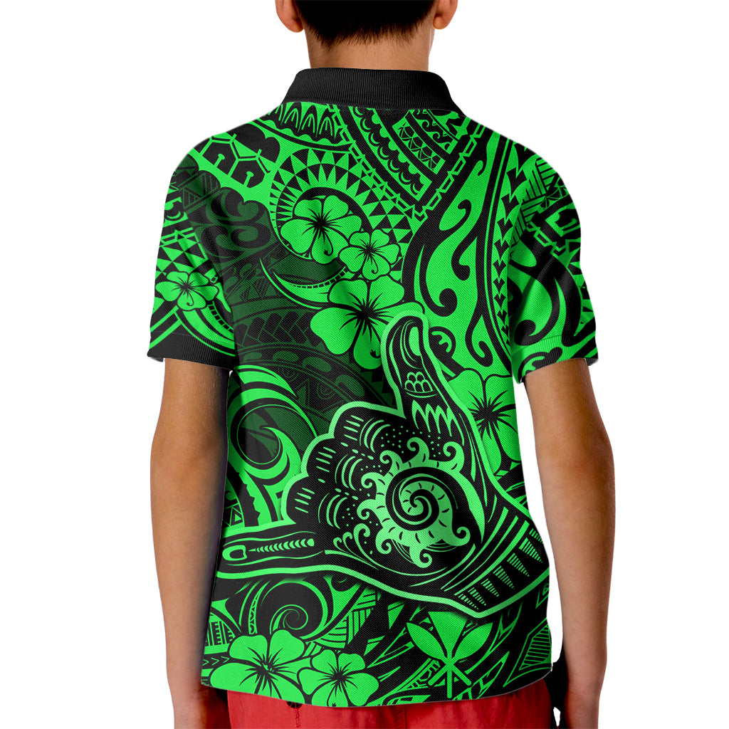 Hawaii Shaka Sign Kid Polo Shirt With Polynesian Hibiscus Green Unique LT01 - Polynesian Pride