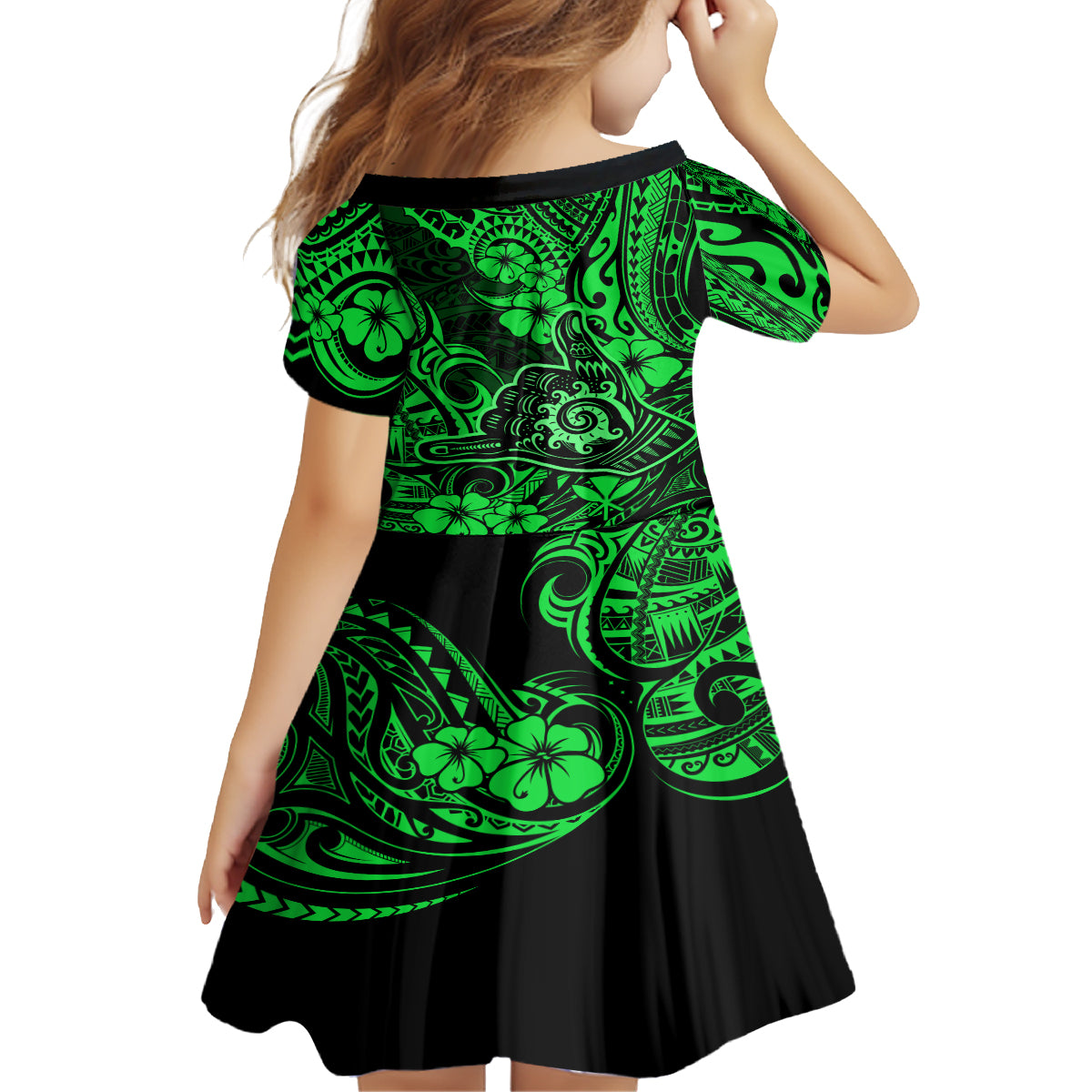 Hawaii Shaka Sign Kid Short Sleeve Dress With Polynesian Hibiscus Green Unique LT01 - Polynesian Pride