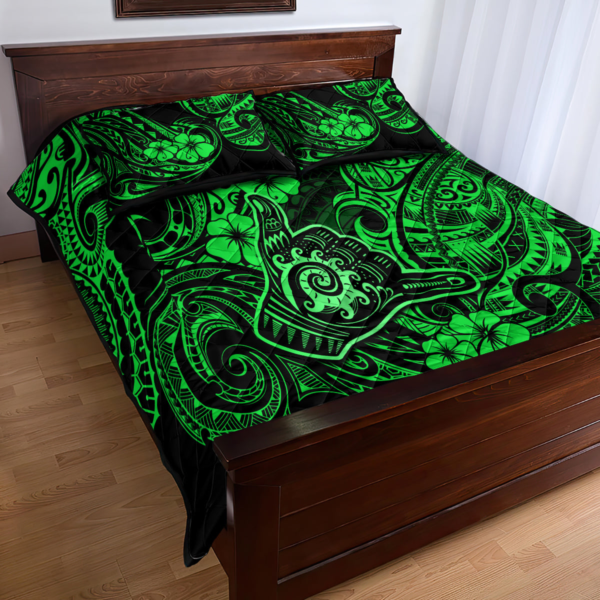 Hawaii Shaka Sign Quilt Bed Set With Polynesian Hibiscus Green Unique LT01 - Polynesian Pride