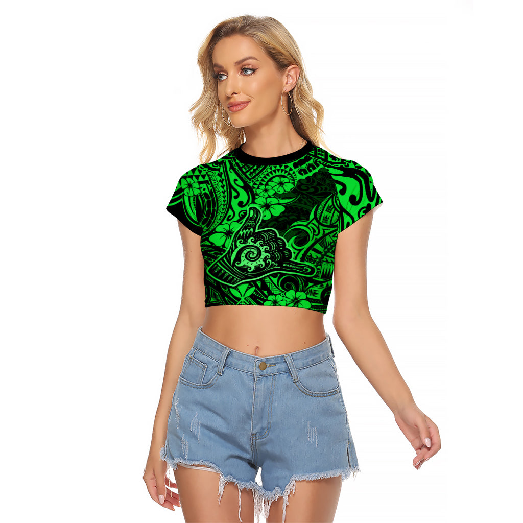 Hawaii Shaka Sign Raglan Cropped T Shirt With Polynesian Hibiscus Green Unique LT01 Female Green - Polynesian Pride