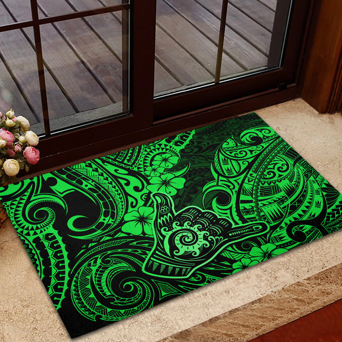 Hawaii Shaka Sign Rubber Doormat With Polynesian Hibiscus Green Unique LT01 - Polynesian Pride