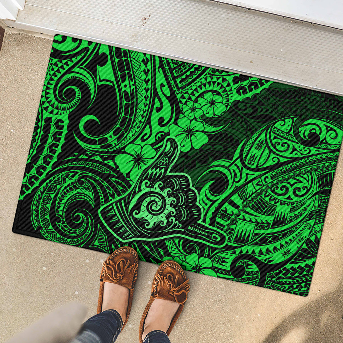 Hawaii Shaka Sign Rubber Doormat With Polynesian Hibiscus Green Unique LT01 - Polynesian Pride