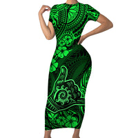 Hawaii Shaka Sign Short Sleeve Bodycon Dress With Polynesian Hibiscus Green Unique LT01 Long Dress Green - Polynesian Pride