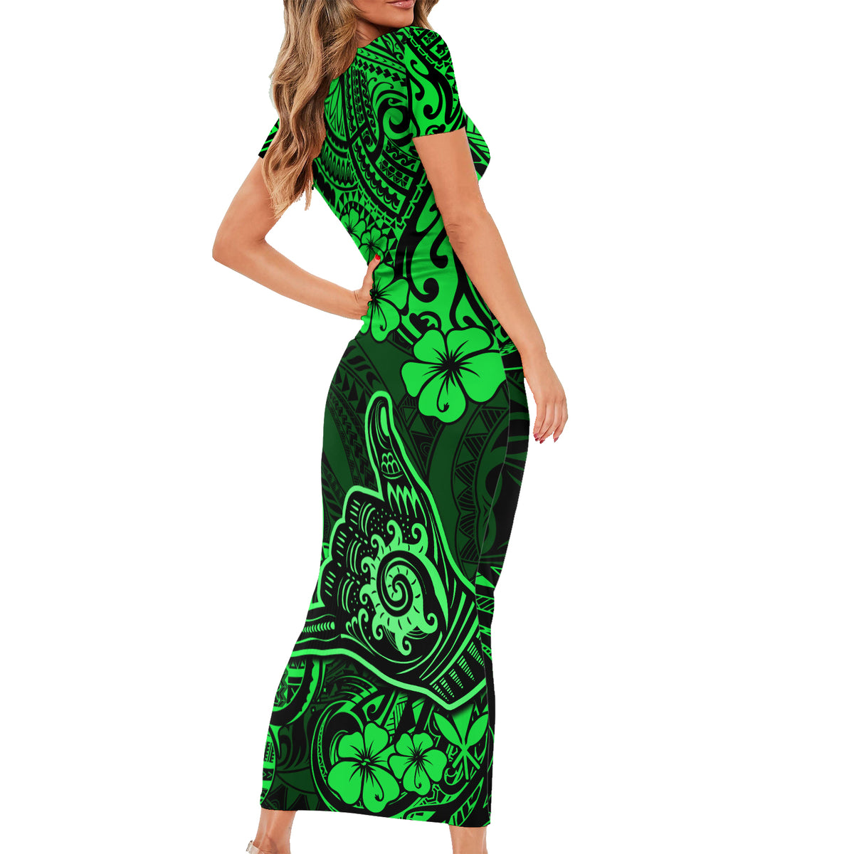 Hawaii Shaka Sign Short Sleeve Bodycon Dress With Polynesian Hibiscus Green Unique LT01 - Polynesian Pride