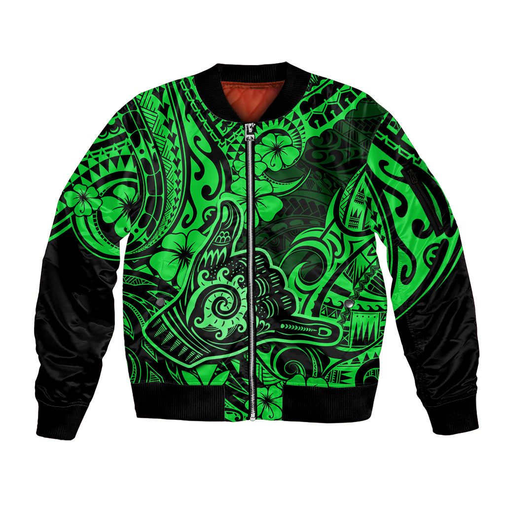 Hawaii Shaka Sign Sleeve Zip Bomber Jacket With Polynesian Hibiscus Green Unique LT01 Unisex Green - Polynesian Pride