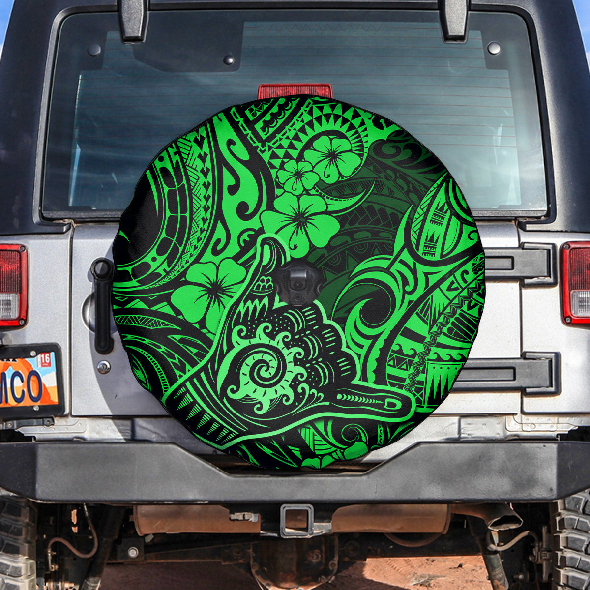 Hawaii Shaka Sign Spare Tire Cover With Polynesian Hibiscus Green Unique LT01 - Polynesian Pride