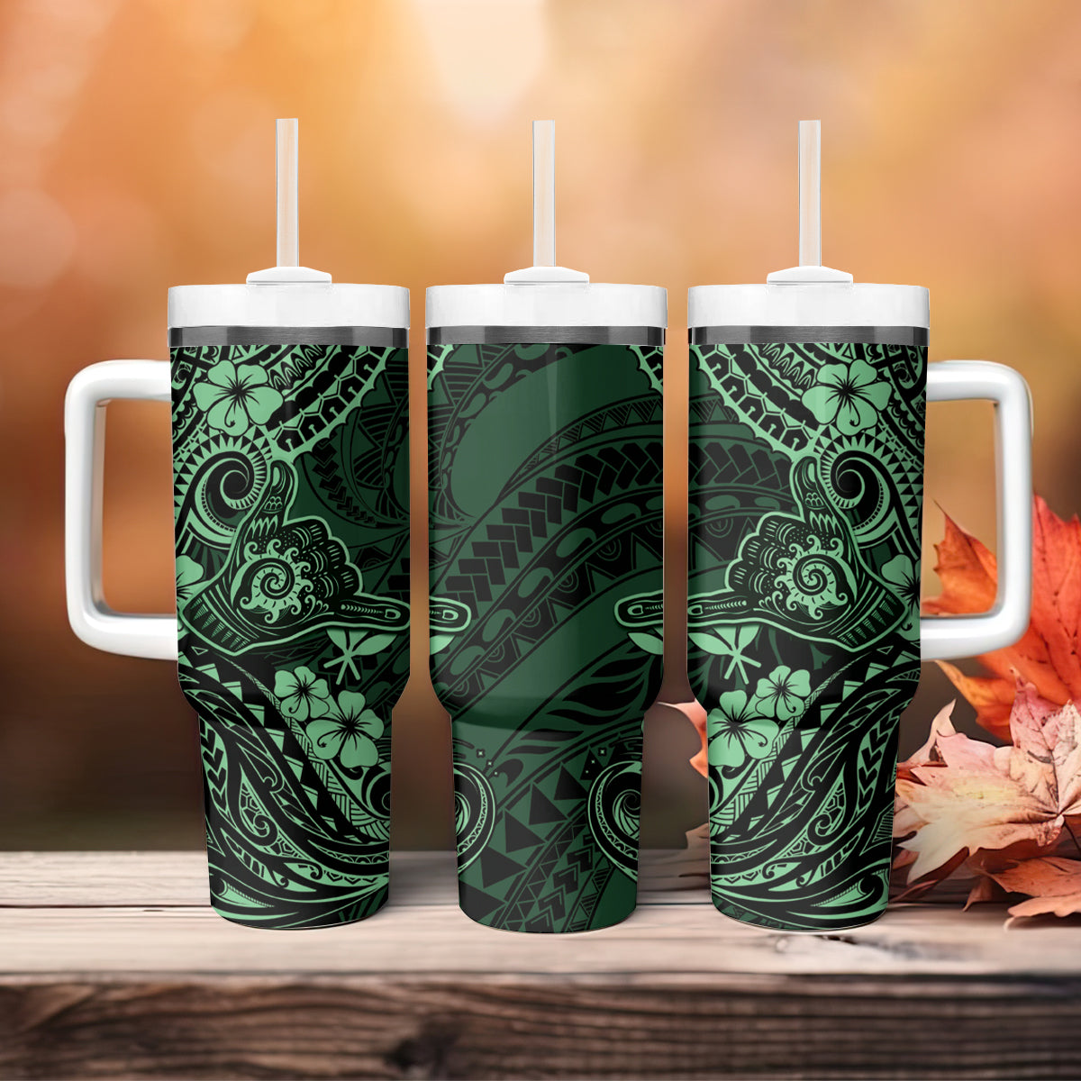 Hawaii Shaka Sign Tumbler With Handle With Polynesian Hibiscus Green Unique