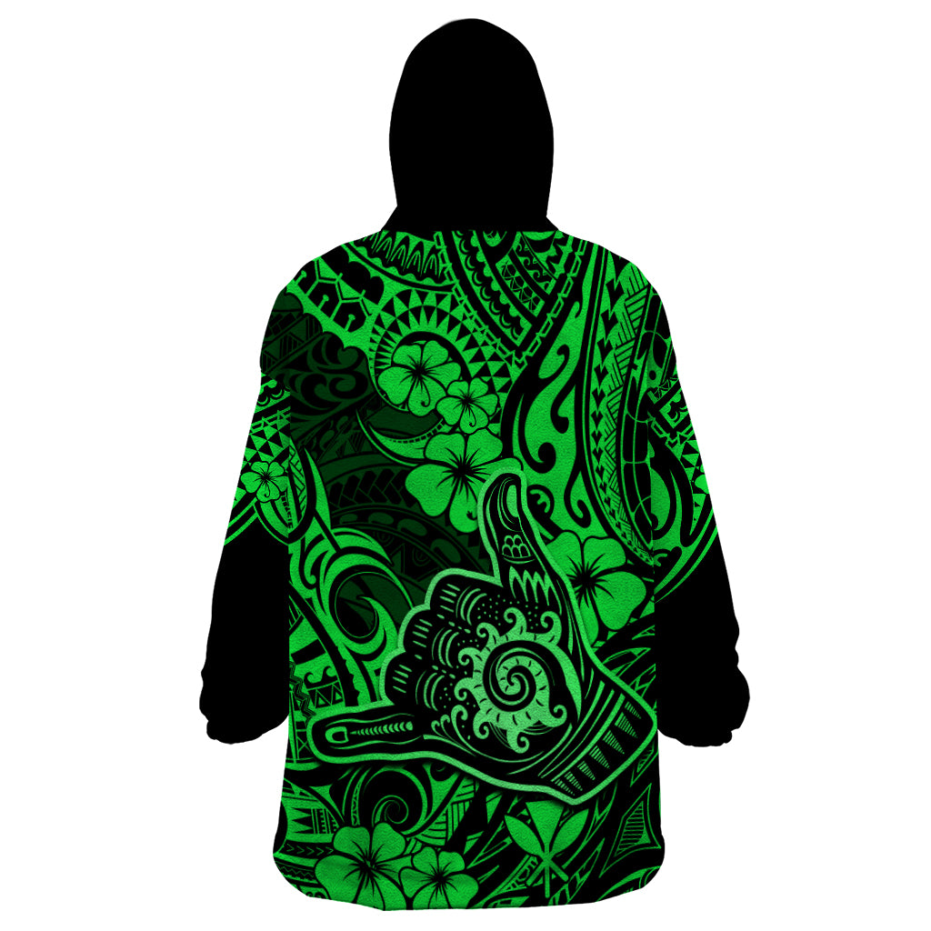 Hawaii Shaka Sign Wearable Blanket Hoodie With Polynesian Hibiscus Green Unique LT01 - Polynesian Pride