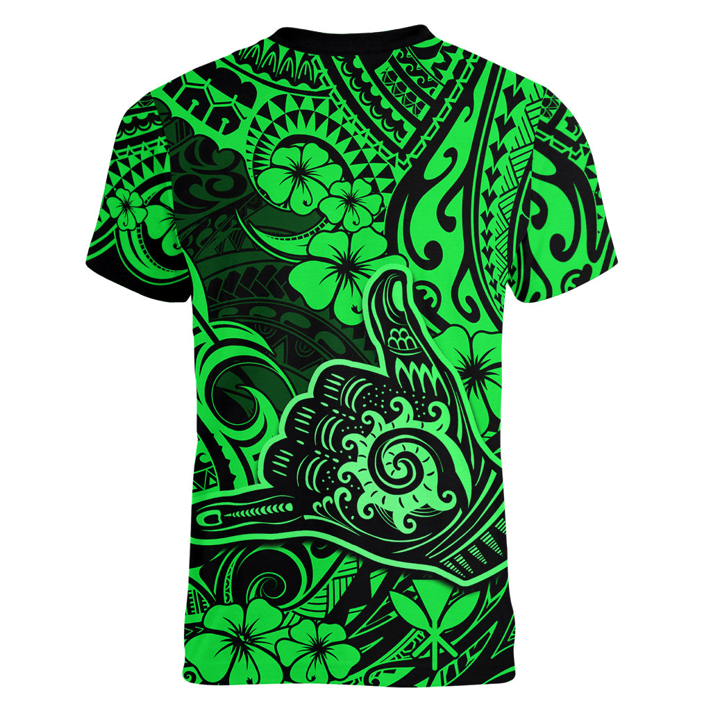 Hawaii Shaka Sign Women V Neck T Shirt With Polynesian Hibiscus Green Unique LT01 - Polynesian Pride