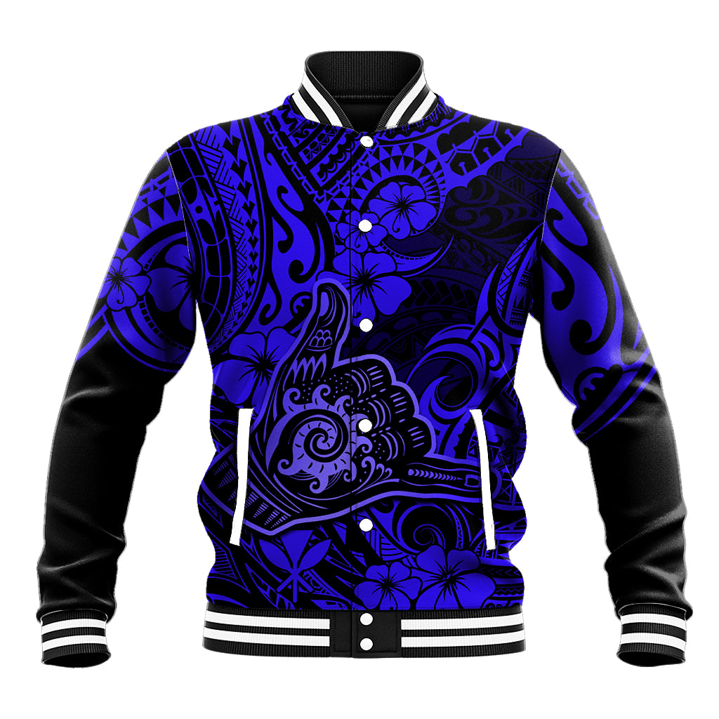 Hawaii Shaka Sign Baseball Jacket With Polynesian Hibiscus Navy Blue Unique LT01 Unisex Blue - Polynesian Pride
