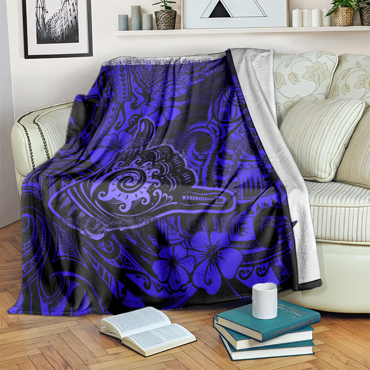 Hawaii Shaka Sign Blanket With Polynesian Hibiscus Navy Blue Unique LT01 - Polynesian Pride