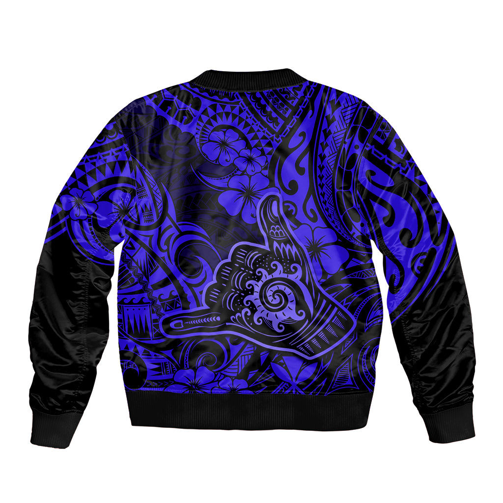 Hawaii Shaka Sign Bomber Jacket With Polynesian Hibiscus Navy Blue Unique LT01 - Polynesian Pride