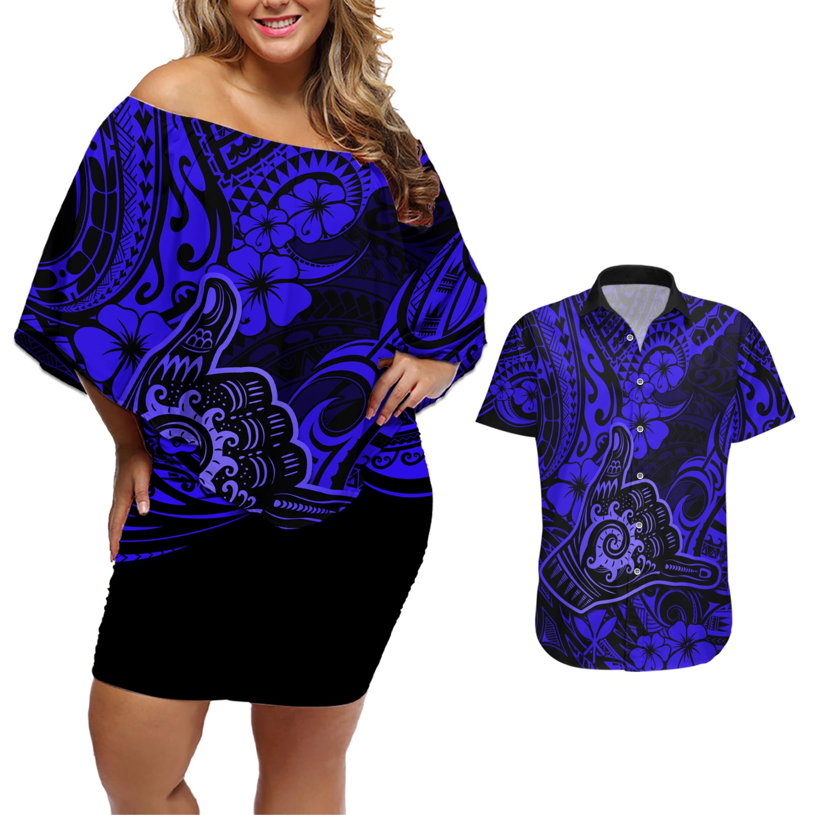 Hawaii Shaka Sign Couples Matching Off Shoulder Short Dress and Hawaiian Shirt With Polynesian Hibiscus Navy Blue Unique LT01 Blue - Polynesian Pride