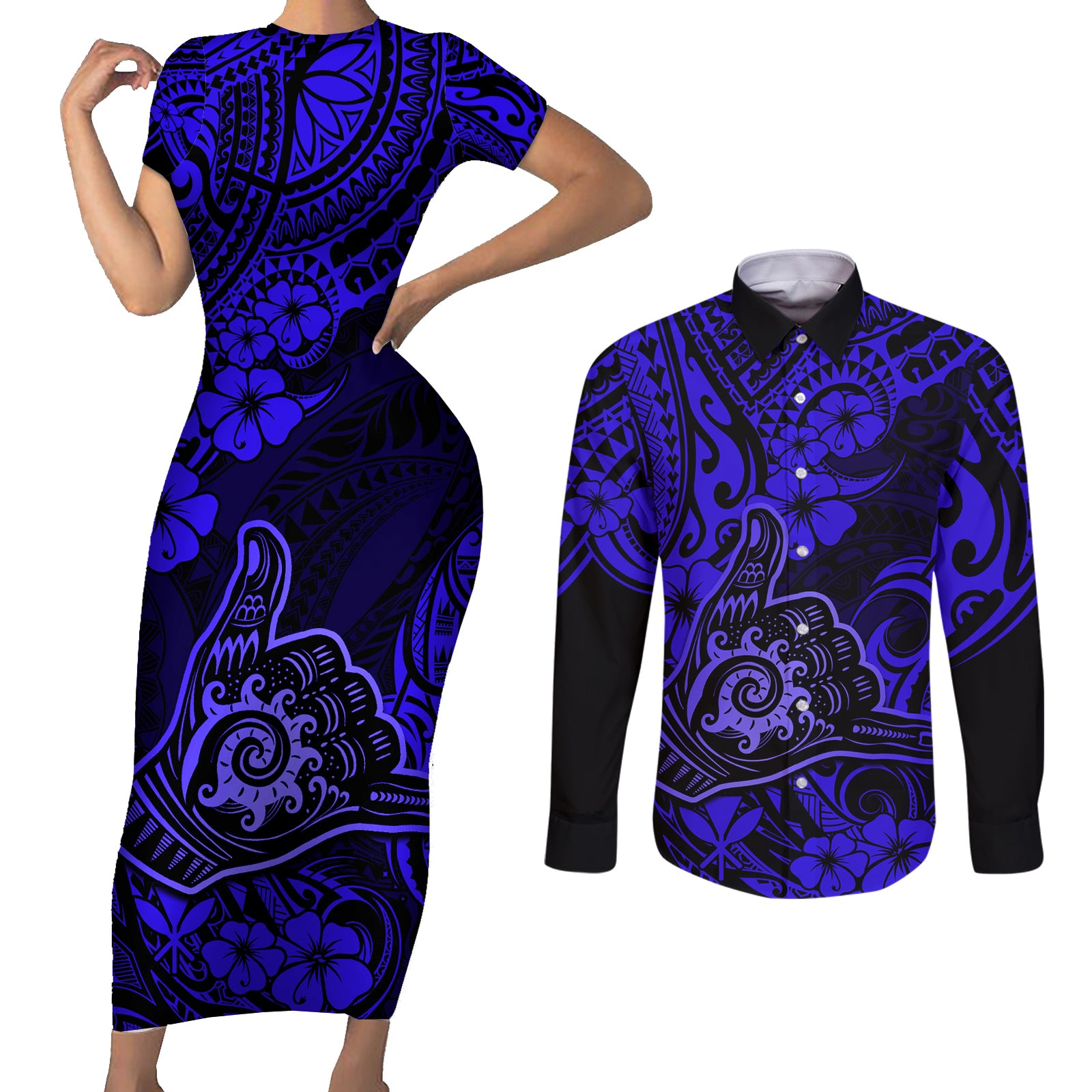 Hawaii Shaka Sign Couples Matching Short Sleeve Bodycon Dress and Long Sleeve Button Shirts With Polynesian Hibiscus Navy Blue Unique LT01 Blue - Polynesian Pride