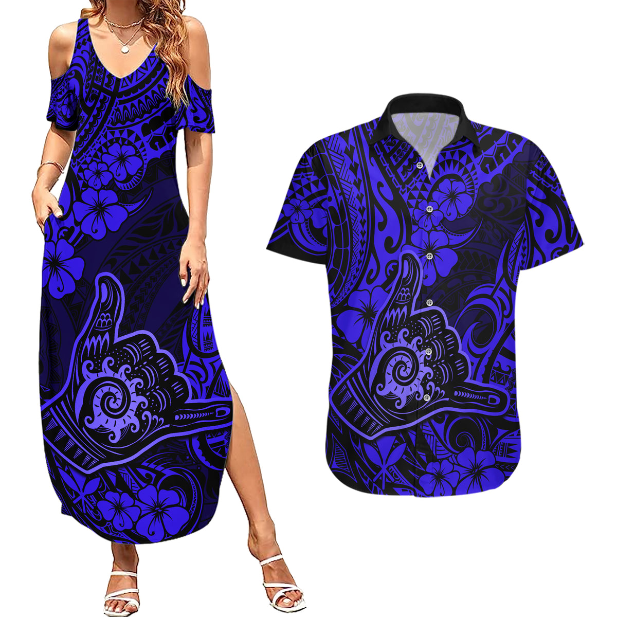 Hawaii Shaka Sign Couples Matching Summer Maxi Dress and Hawaiian Shirt With Polynesian Hibiscus Navy Blue Unique LT01 Blue - Polynesian Pride