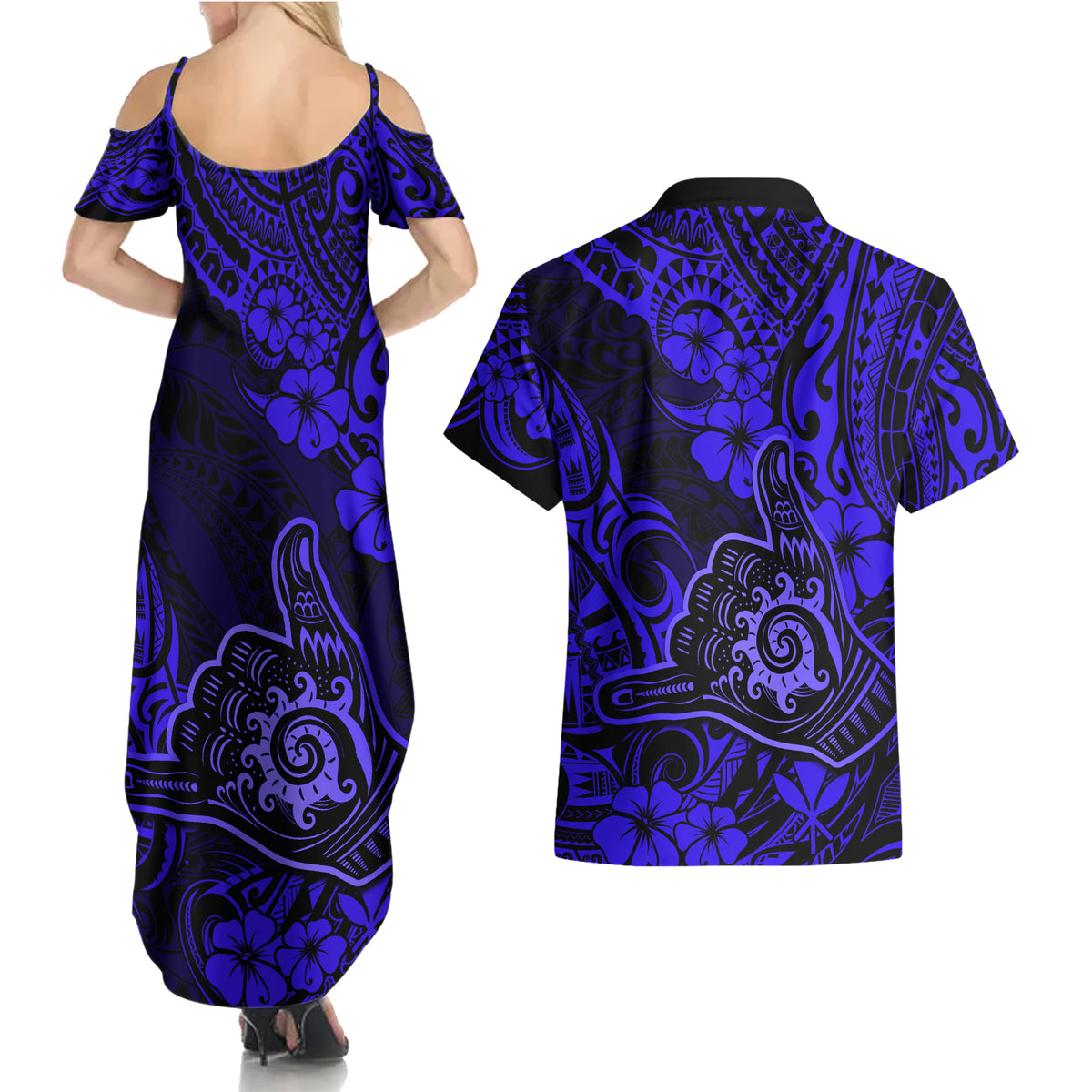 Hawaii Shaka Sign Couples Matching Summer Maxi Dress and Hawaiian Shirt With Polynesian Hibiscus Navy Blue Unique LT01 - Polynesian Pride