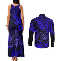 Hawaii Shaka Sign Couples Matching Tank Maxi Dress and Long Sleeve Button Shirts With Polynesian Hibiscus Navy Blue Unique LT01 - Polynesian Pride