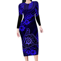 Hawaii Shaka Sign Family Matching Long Sleeve Bodycon Dress and Hawaiian Shirt With Polynesian Hibiscus Navy Blue Unique LT01 Mom's Dress Blue - Polynesian Pride