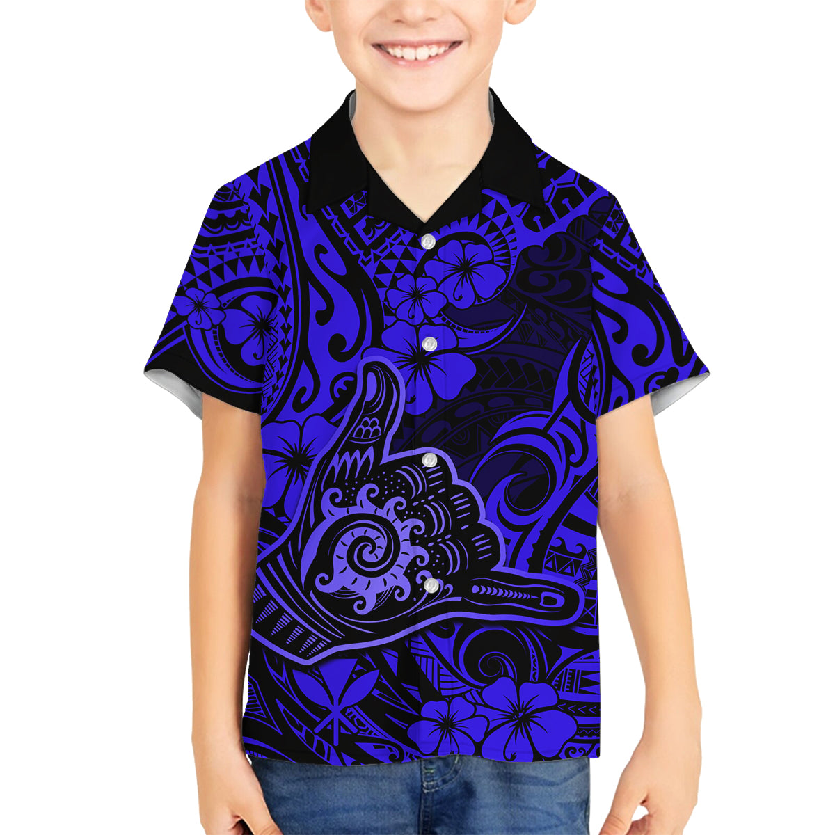 Hawaii Shaka Sign Family Matching Long Sleeve Bodycon Dress and Hawaiian Shirt With Polynesian Hibiscus Navy Blue Unique LT01 Son's Shirt Blue - Polynesian Pride