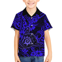 Hawaii Shaka Sign Family Matching Long Sleeve Bodycon Dress and Hawaiian Shirt With Polynesian Hibiscus Navy Blue Unique LT01 Son's Shirt Blue - Polynesian Pride