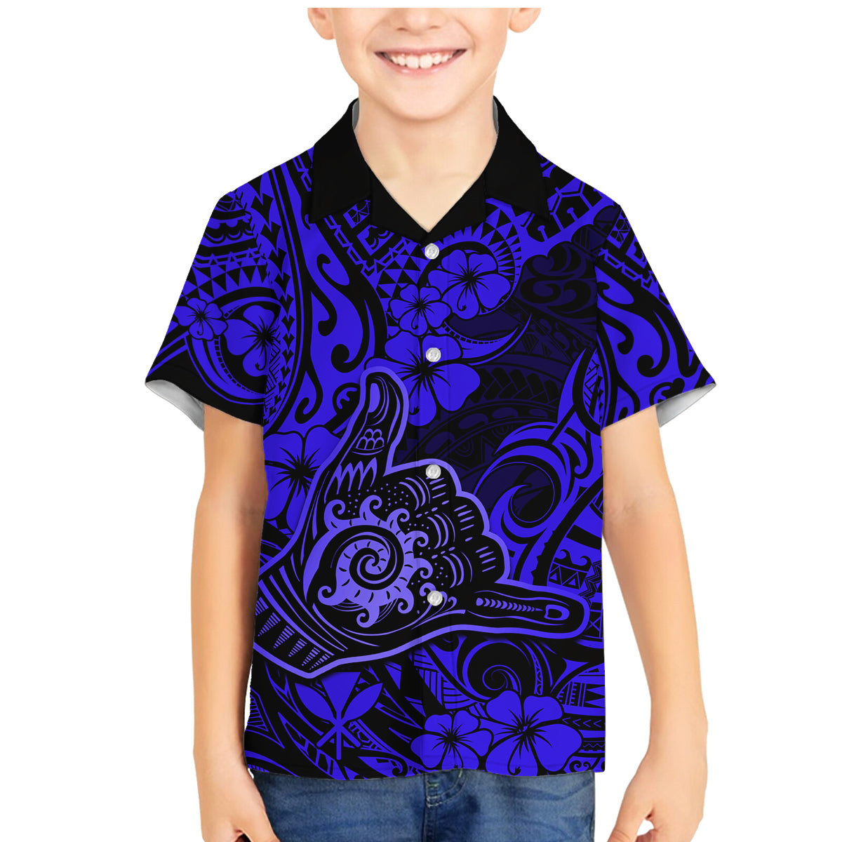 Hawaii Shaka Sign Family Matching Mermaid Dress and Hawaiian Shirt With Polynesian Hibiscus Navy Blue Unique LT01 Son's Shirt Blue - Polynesian Pride