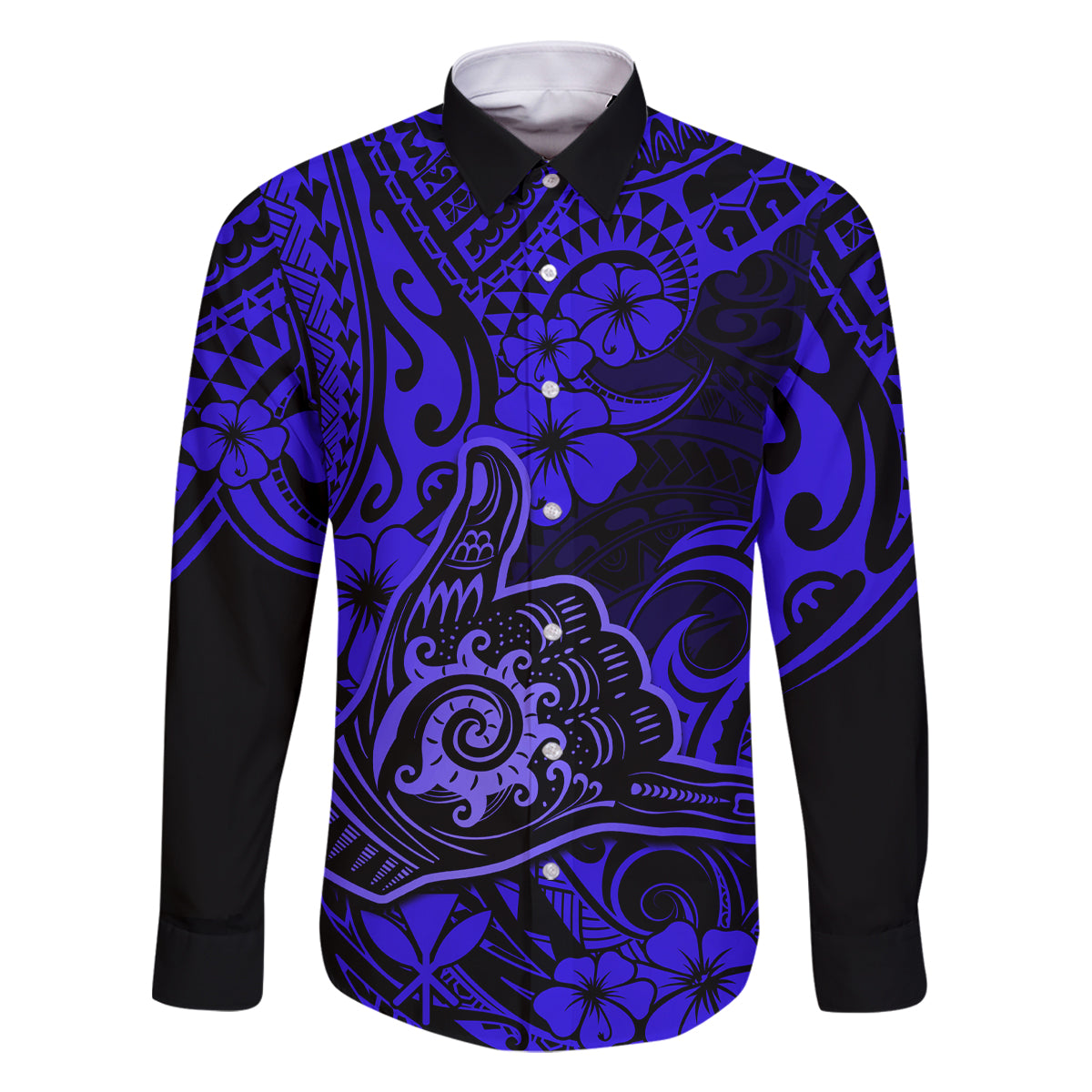 Hawaii Shaka Sign Family Matching Off Shoulder Long Sleeve Dress and Hawaiian Shirt With Polynesian Hibiscus Navy Blue Unique LT01 Dad's Shirt - Long Sleeve Blue - Polynesian Pride