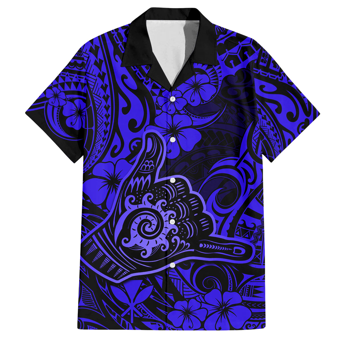 Hawaii Shaka Sign Family Matching Off Shoulder Short Dress and Hawaiian Shirt With Polynesian Hibiscus Navy Blue Unique LT01 Dad's Shirt - Short Sleeve Blue - Polynesian Pride