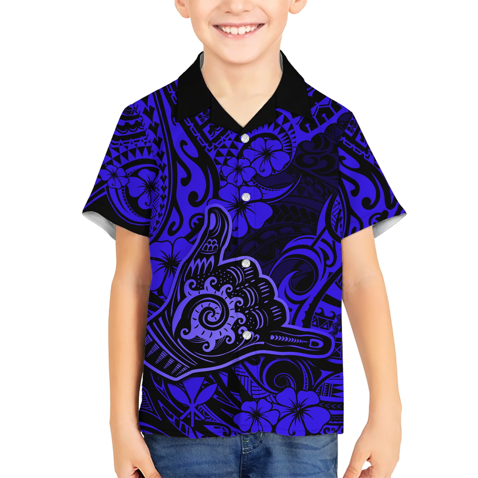 Hawaii Shaka Sign Kid Hawaiian Shirt With Polynesian Hibiscus Navy Blue Unique LT01 Kid Blue - Polynesian Pride