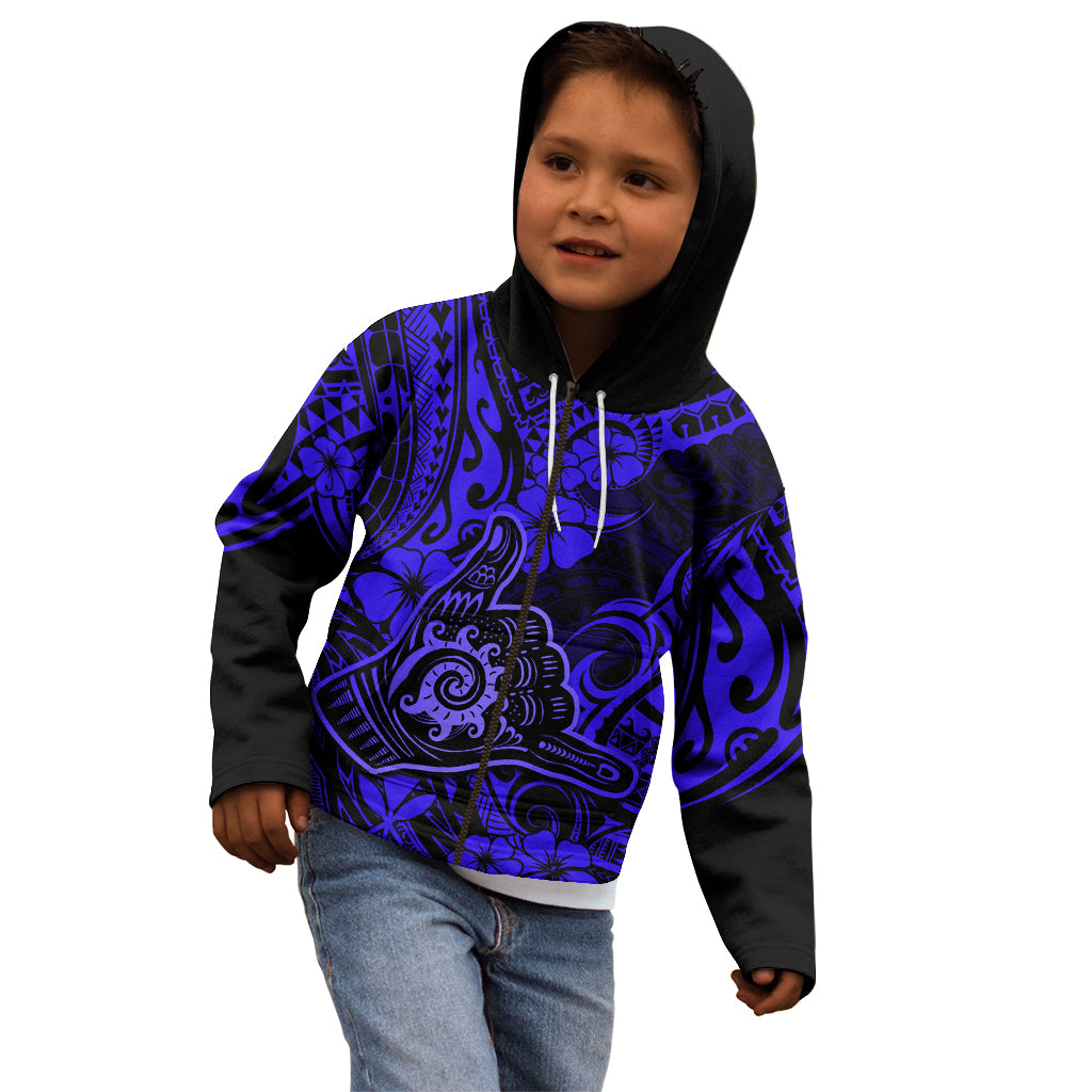 Hawaii Shaka Sign Kid Hoodie With Polynesian Hibiscus Navy Blue Unique LT01 - Polynesian Pride